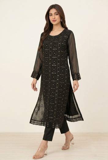 Chiffon Suit & Dupatta - Silk Trouser - 3 Piece