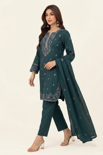 Cotton 3 Piece Embroidered Suit