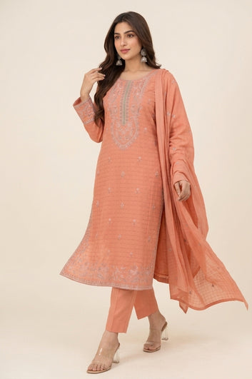 Cotton 3 Piece Embroidered Suit