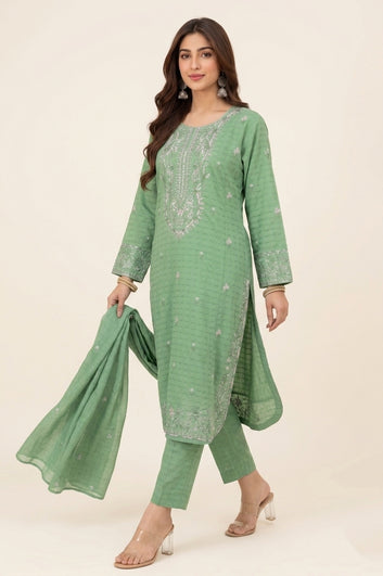 Cotton 3 Piece Embroidered Suit