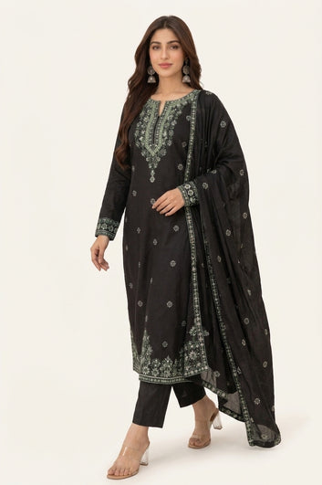 Cotton 3 Piece Embroidered Suit