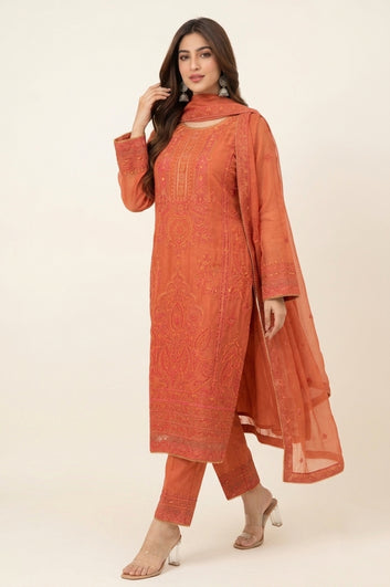 Chiffon Suit & Dupatta - Silk Trouser - 3 Piece