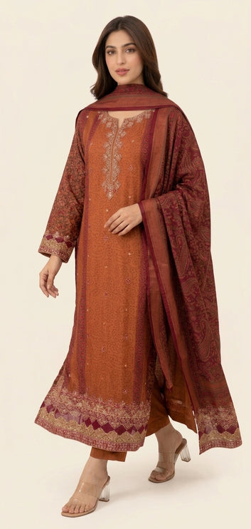 Chiffon Suit & Dupatta - Silk Trouser - 3 Piece