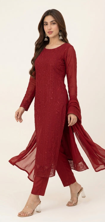Chiffon Suit & Dupatta - Silk Trouser - 3 Piece