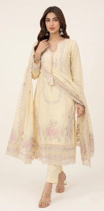 Silk Embroidered Suit - Chiffon Dupatta - Silk Trouser - 3 Piece