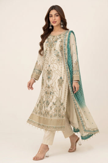 Embroidered Silk Suit - Silk Dupatta & Trouser - Shehnai