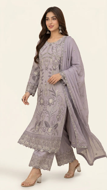 Embroidered Silk Suit - Chiffon Dupatta - Silk Trouser