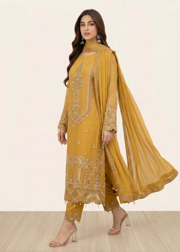 Embroidered Chiffon Suit & Dupatta - Silk Trouser - 3 Piece