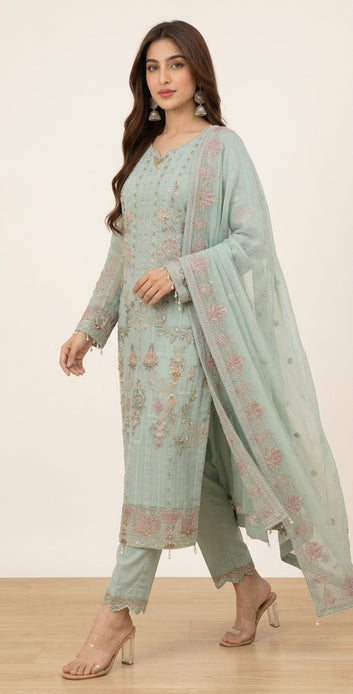 Embroidered Chiffon Suit & Dupatta - Silk Trouser - 3 Piece