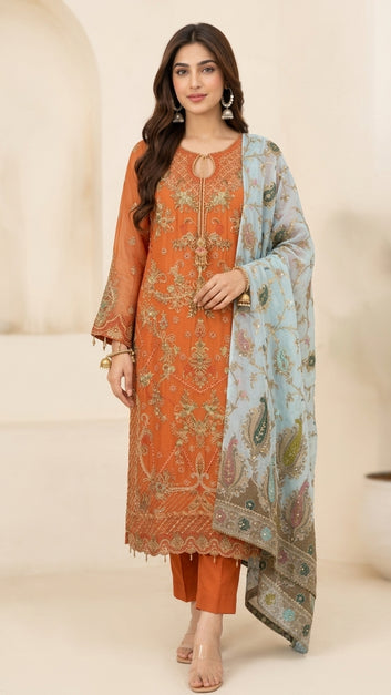Embroidered Chiffon Suit & Dupatta - Silk Trouser - 3 Piece