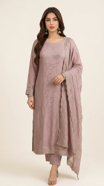 Silk Suit and Trouser - Chiffon Dupatta - 3 Piece - 3 Colors