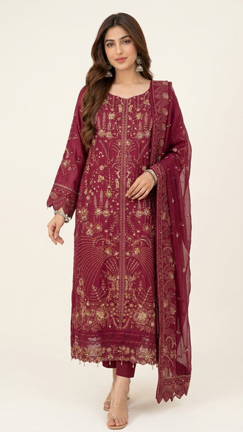Embroidered Chiffon Suit & Dupatta - Silk Trouser - 3 Piece - Open Style