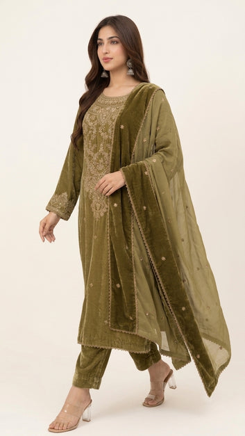 3 Piece - Velvet Kameez - Silk Trouser - Organza Dupatta