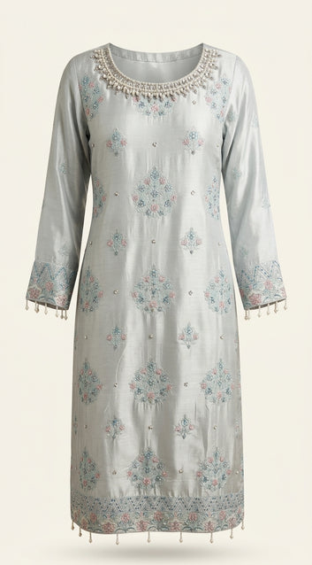 Embroidered Silk Suit Trouser - Chiffon Dupatta - 3 Piece - 3 Colors