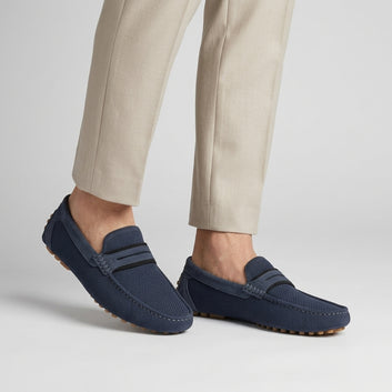 Navy Blue Moccasin Loafers - Knit Texture