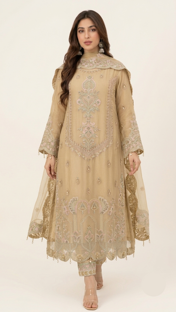 Luxury Beige Embroidered Chiffon Suit & Dupatta - Silk Trouser - 3 Piece