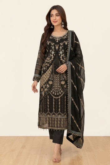 Women's Black Gold Chiffon Suit & Dupatta - Silk Trouser - Luxury Embroidered Shalwar Kameez