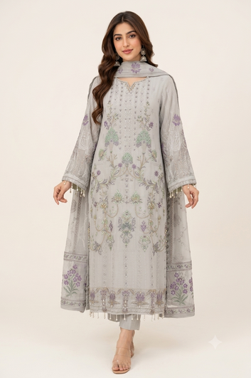 Embroidered Chiffon Suit & Dupatta - Silk Trouser - 3 Piece