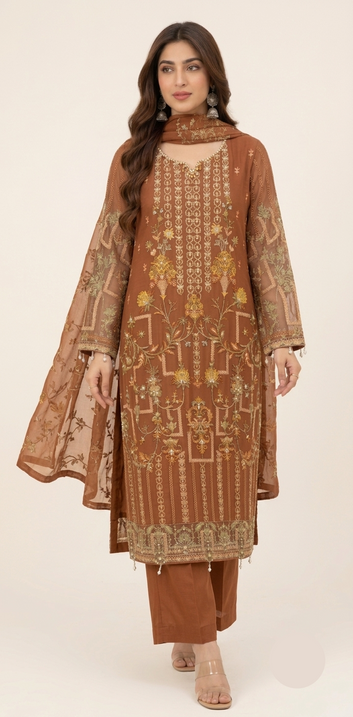 Brown Embroidered Chiffon Suit & Dupatta - Silk Trouser - 3 Piece